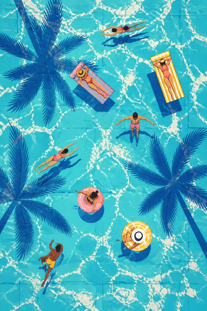 Aerial pool with palm shadows — Screen Print