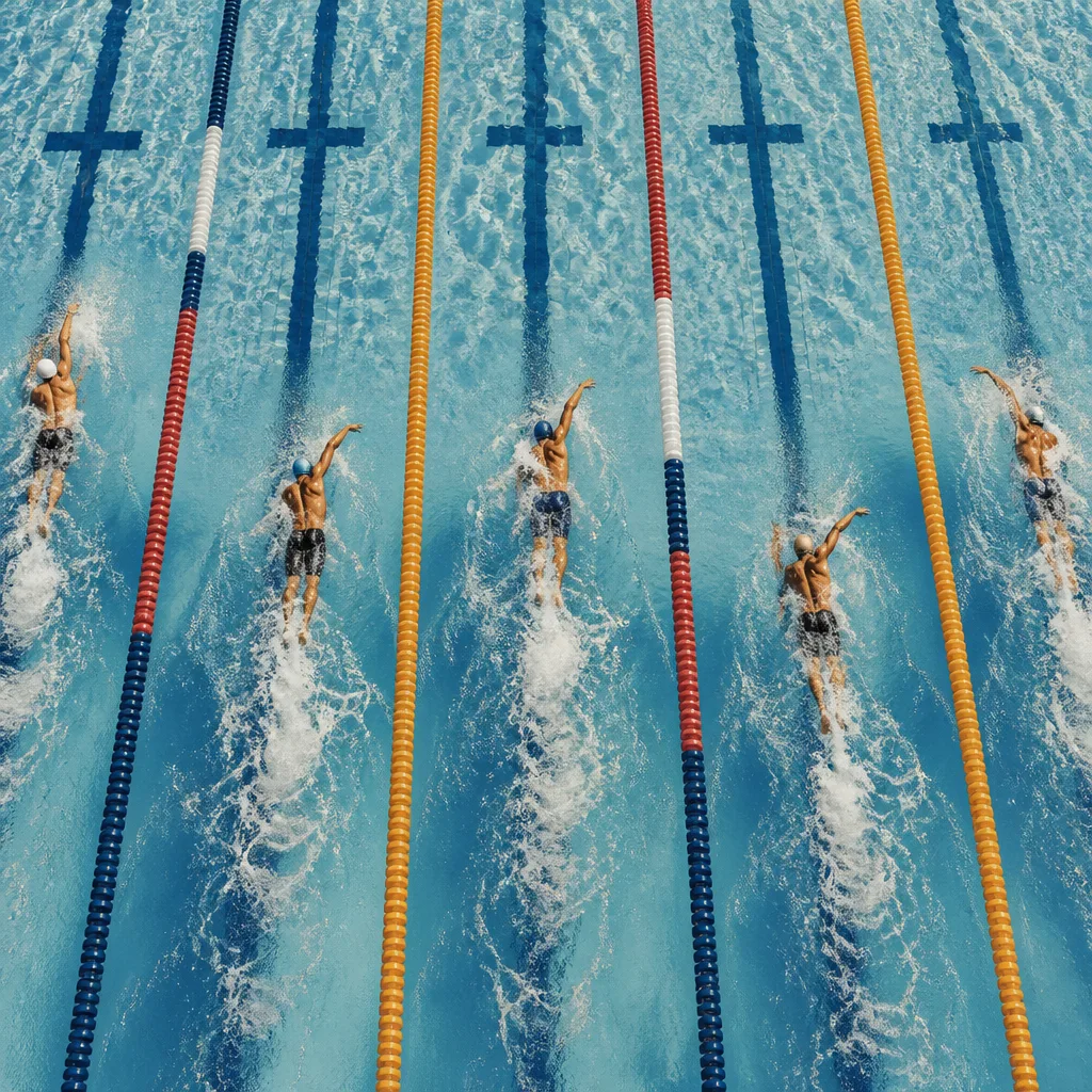 Aerial view of competitive swimmers in pool lanes — Realistic Photo
