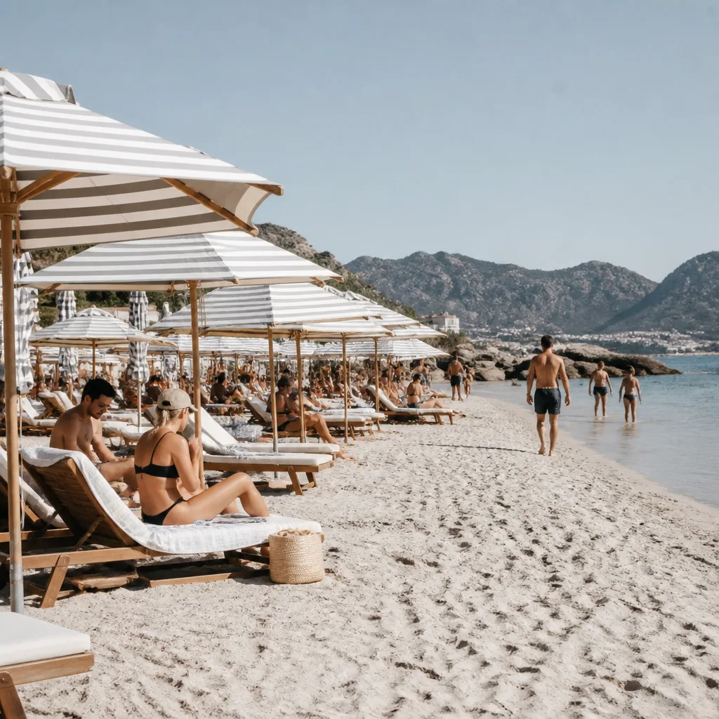 Mediterranean beach club, striped umbrellas — Realistic Photo