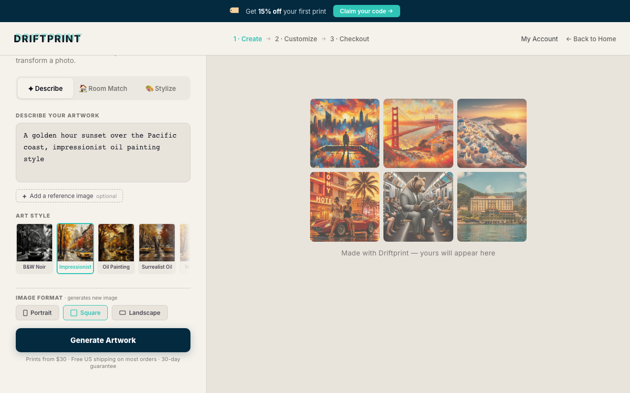 The Driftprint create page showing the prompt input and 6 variation results