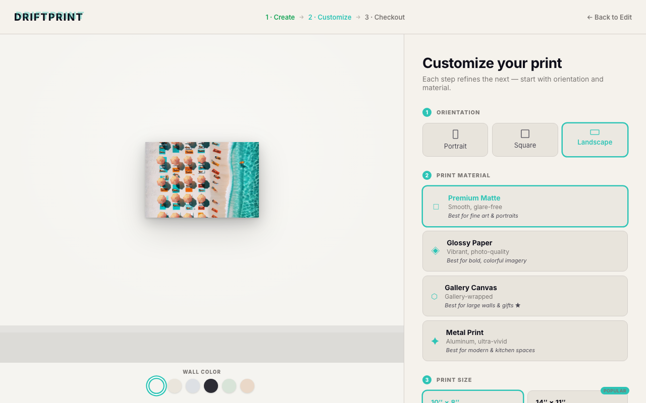 The Driftprint customize page showing size, frame, and wall preview