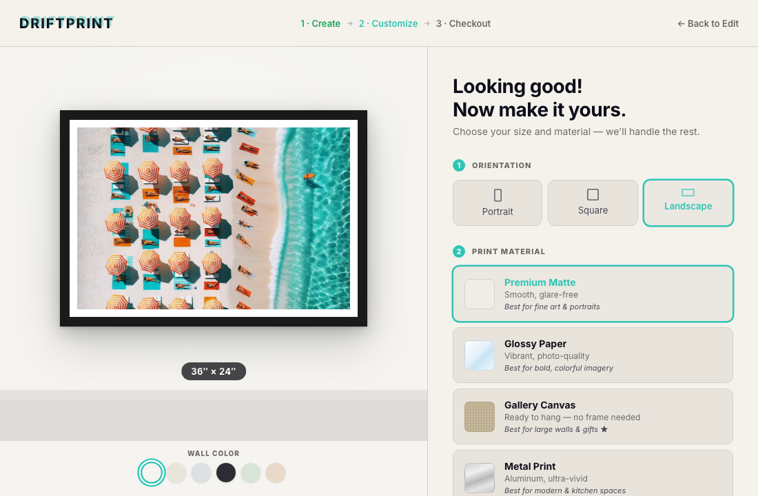 The Driftprint customize page